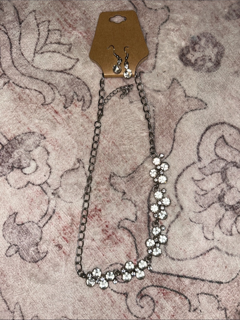 Rhinestone Flower Cluster Necklace and Earring Set - Silver